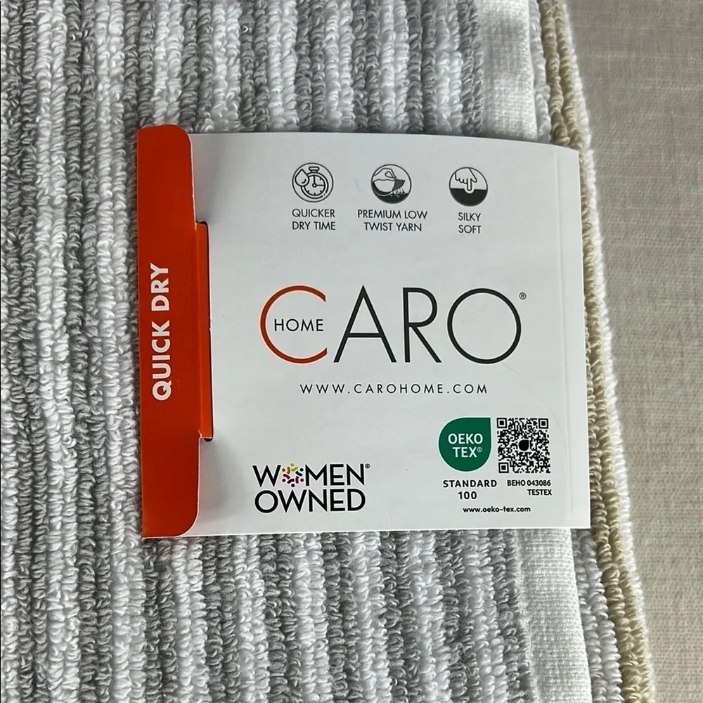 Caro Home Bath Towel Set White Gray Tan Stripe Plush Soft 100% Cotton 2 Pc NEW